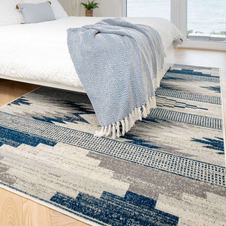 Grey Navy Aztec Living Room Rug