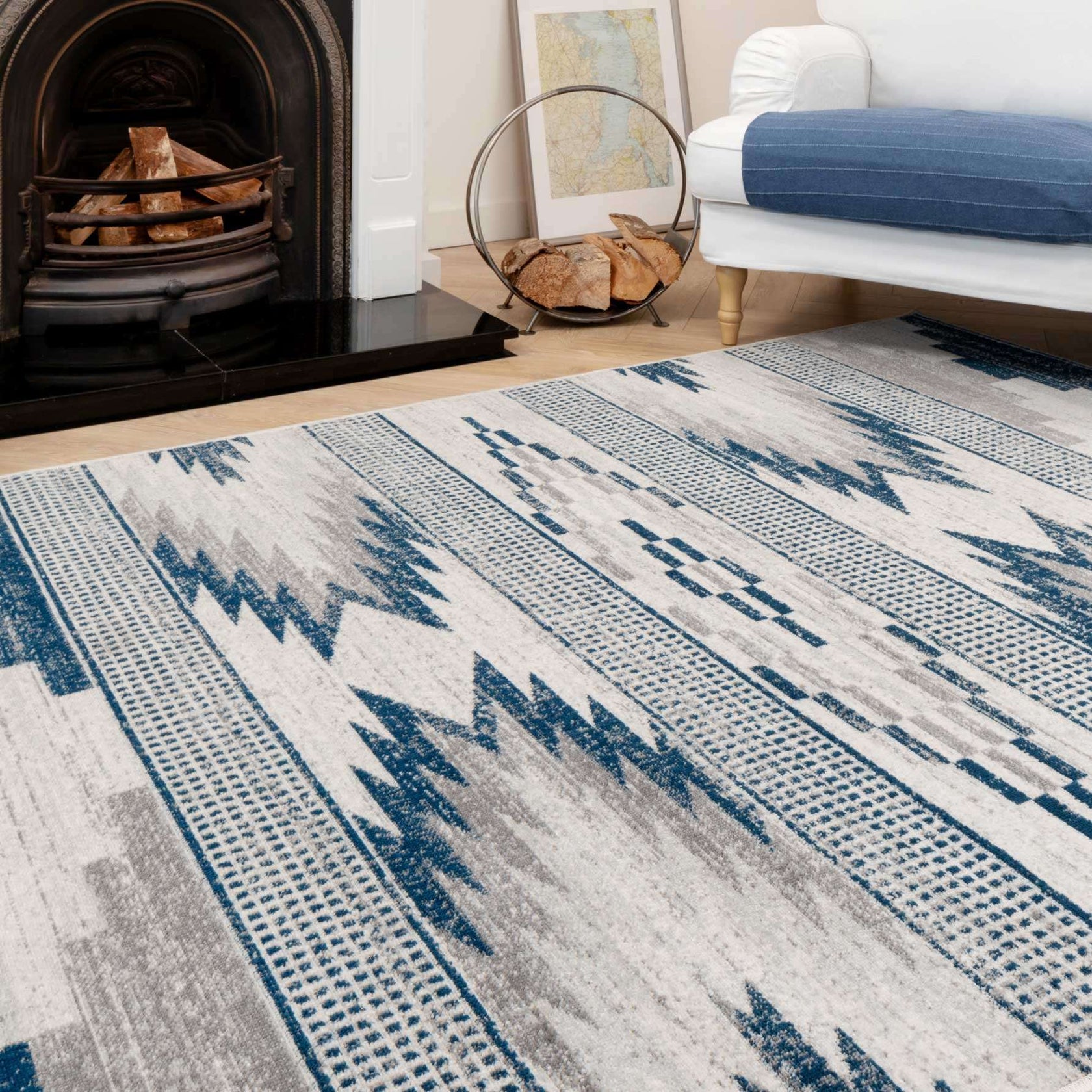 Grey Navy Aztec Living Room Rug | Living Room Rugs | Kukoon Rugs Online