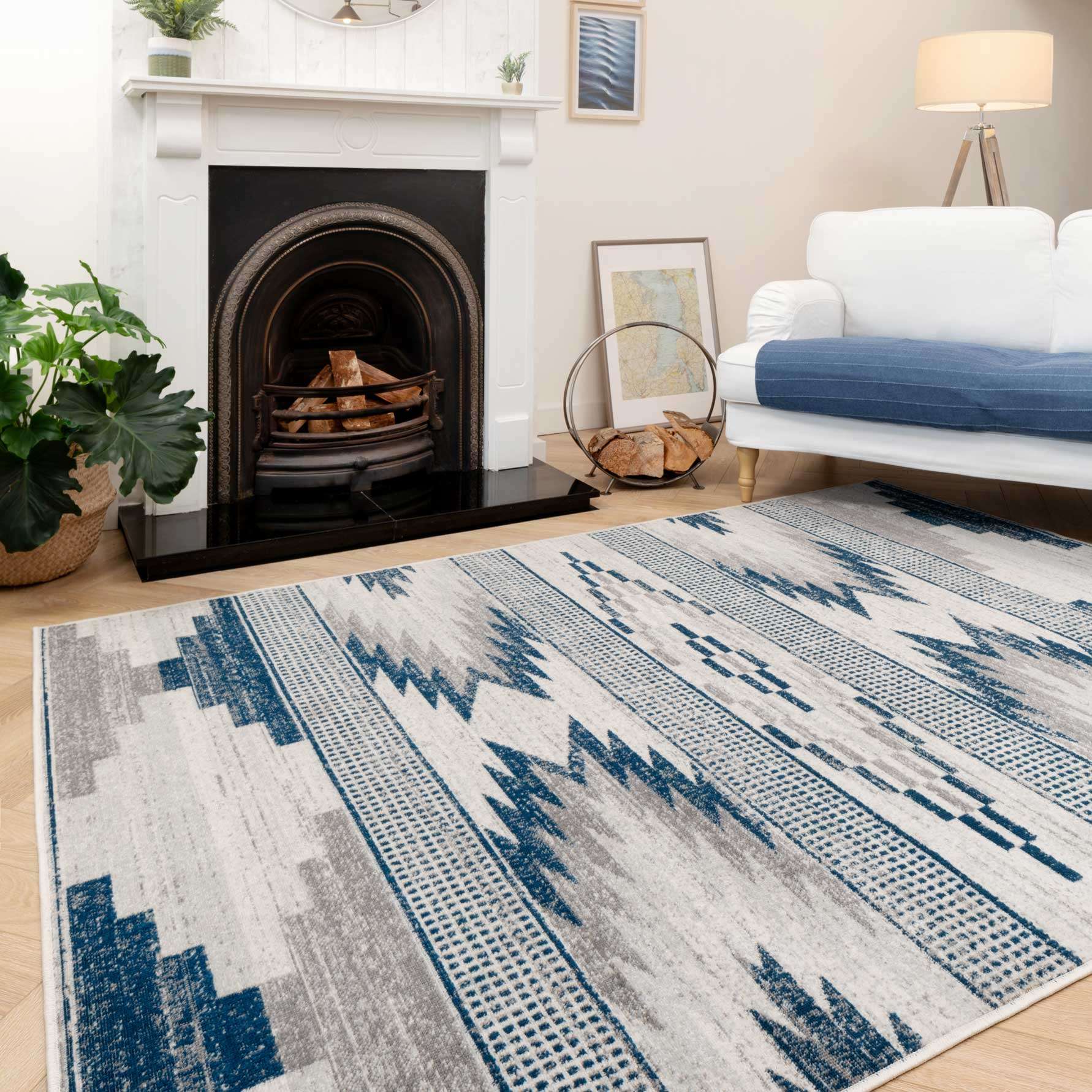 Grey Navy Aztec Living Room Rug