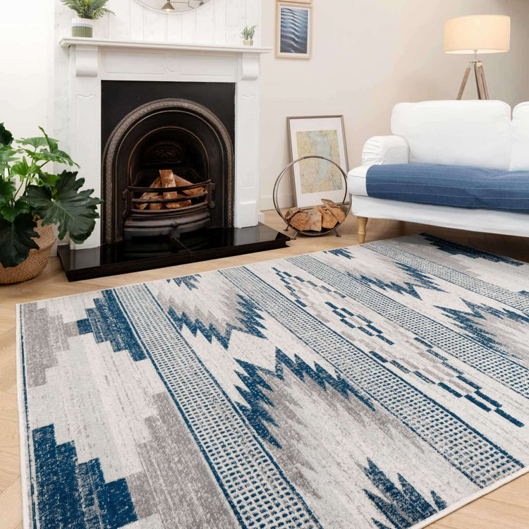 Grey Navy Aztec Living Room Rug