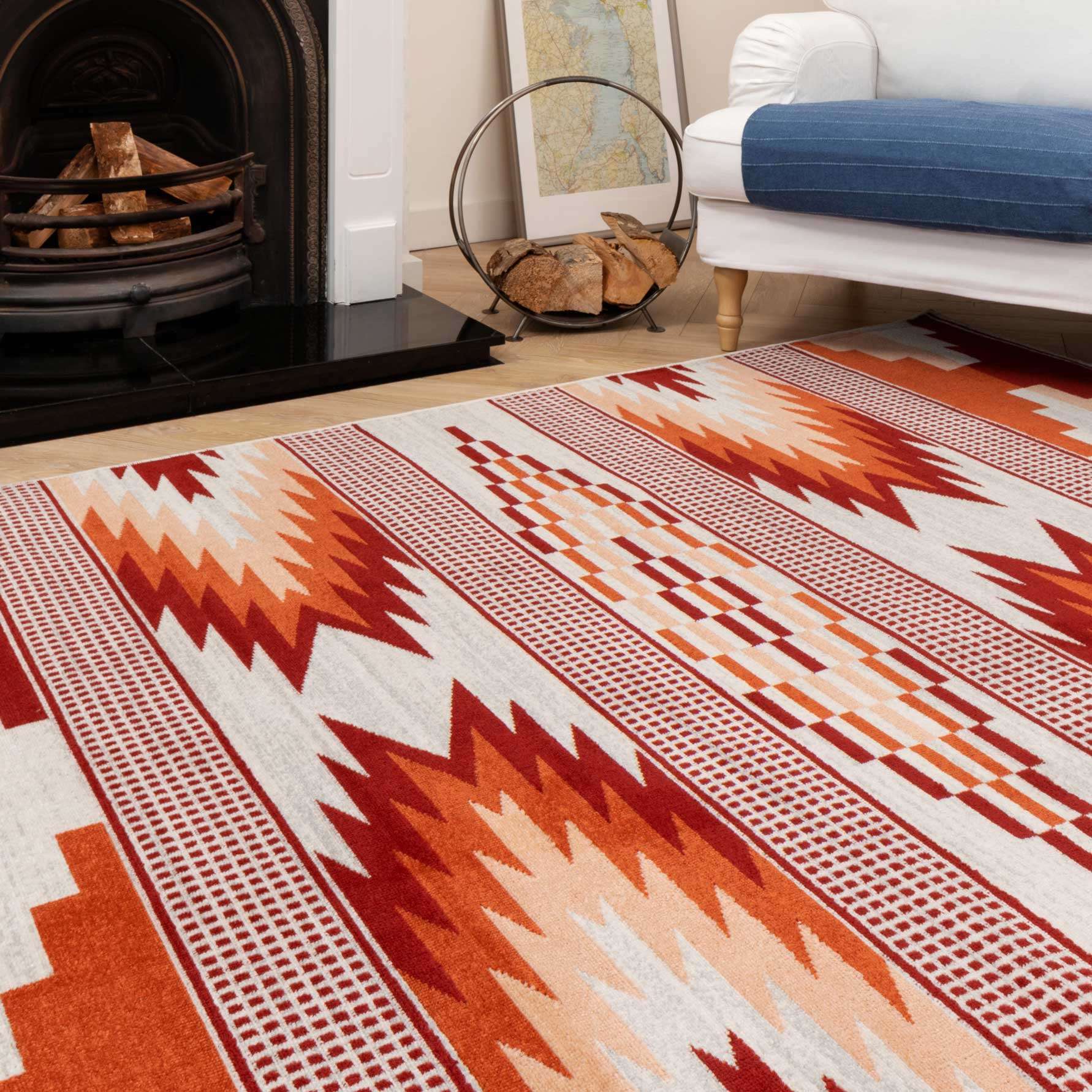 Burnt Orange Aztec Living Room Rug