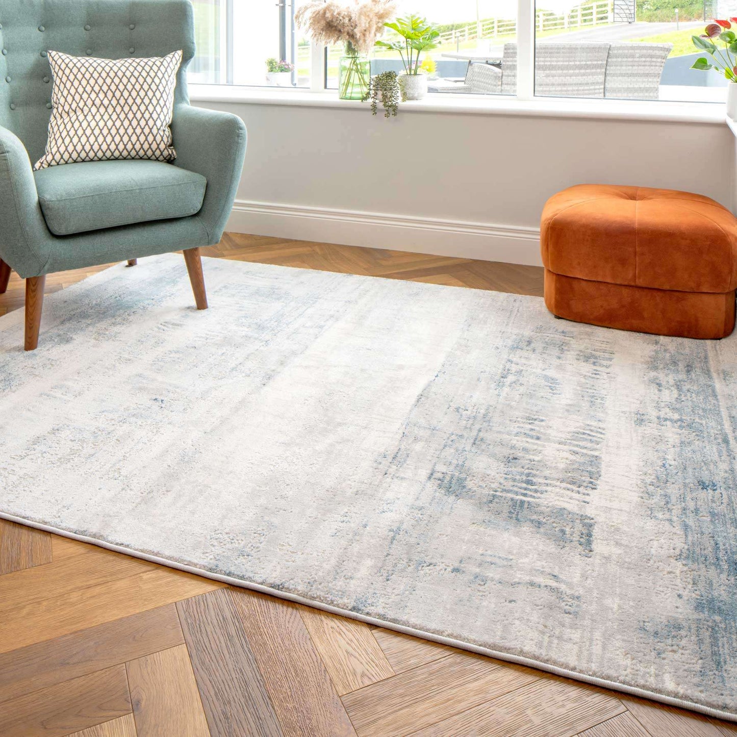 Soft Blue Distressed Abstract Living Room Area Rug