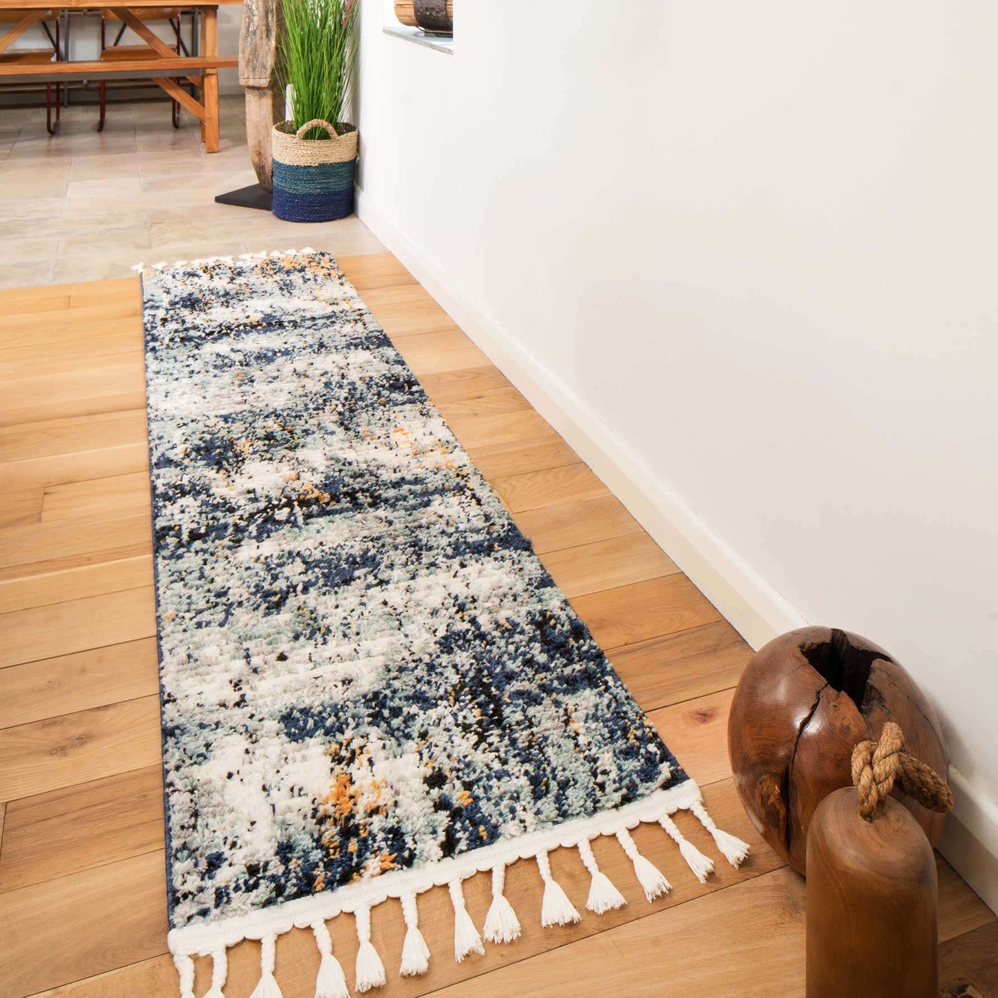 Blue Artwork Distressed Colourful Living Room Rugs