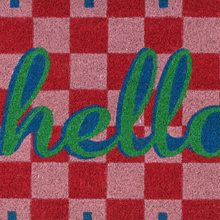 Checkered mat with 'hello' in green and blue text on a red and pink background