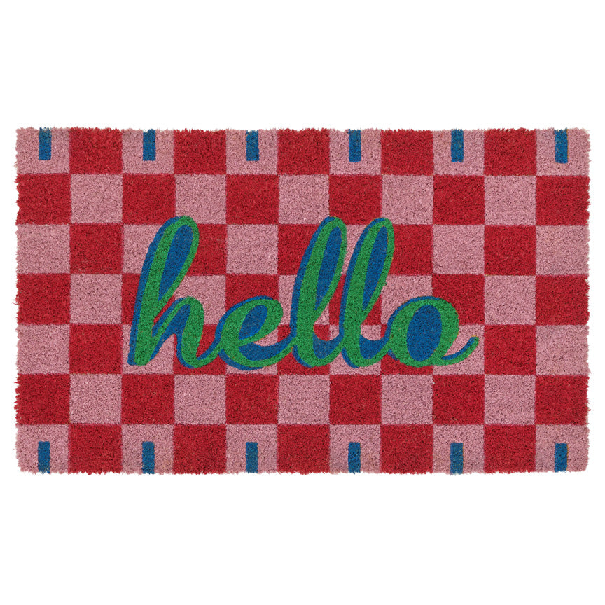 Checkered doormat with 'hello' text on a white background
