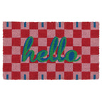 Checkered doormat with 'hello' text on a white background