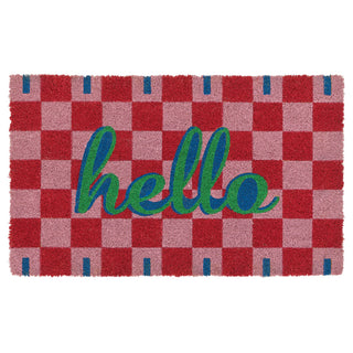 Checkered doormat with 'hello' text on a white background