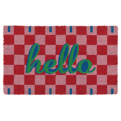 Checkered doormat with 'hello' text on a white background