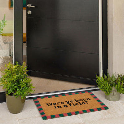 Doormat with humorous text in front of a modern black door, flanked by potted plants.