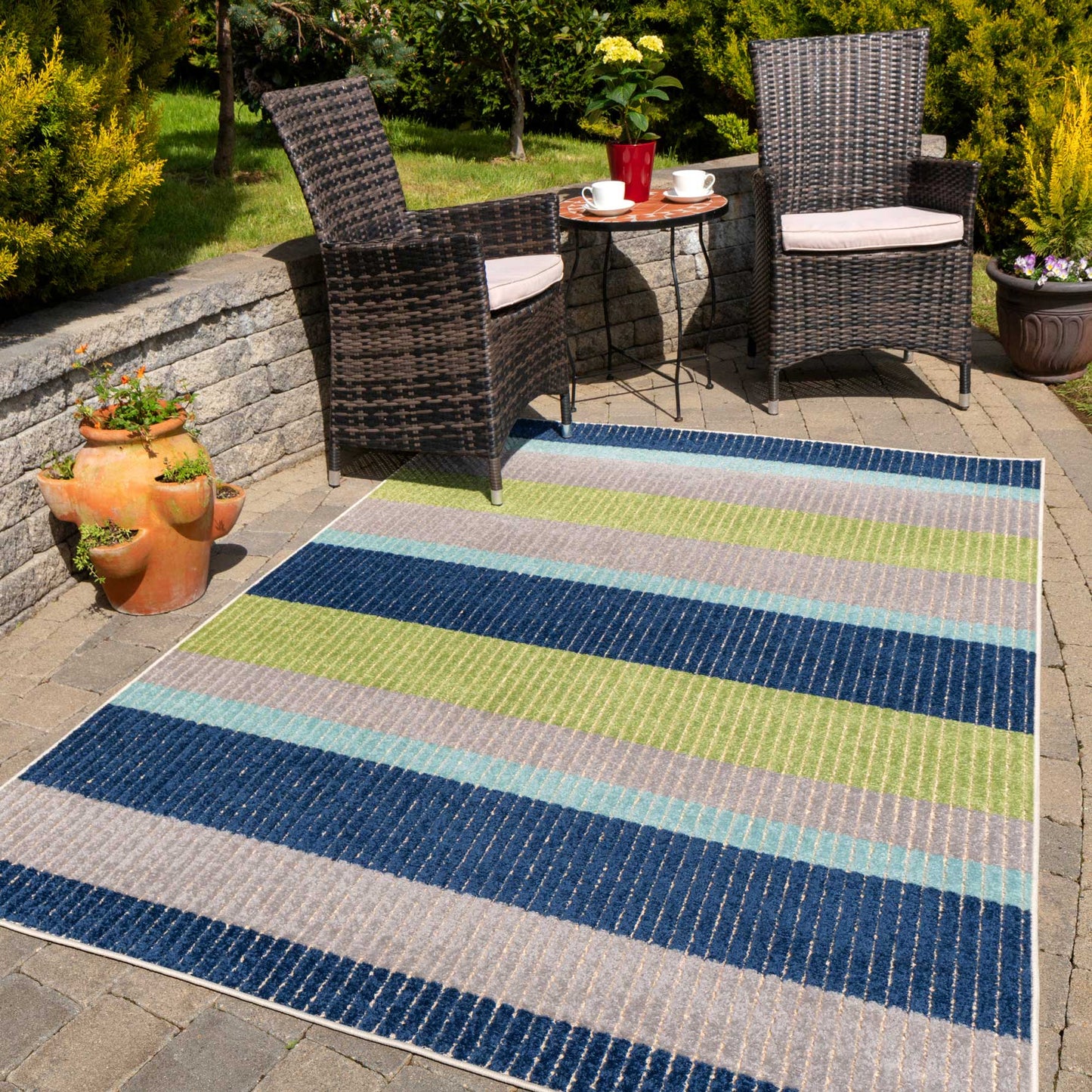 Blue Striped Outdoor Garden Rug | Living Room Rugs | Kukoon Rugs Online