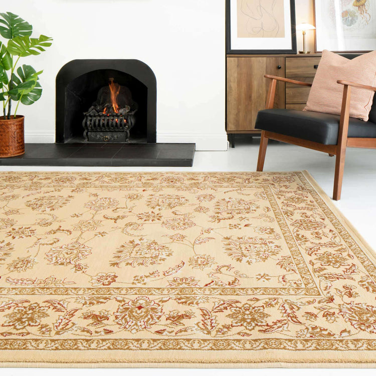 Traditional Cream Motif Bordered Rug