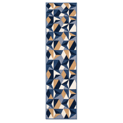 Blue Grey Modern Geometric Runner Rug