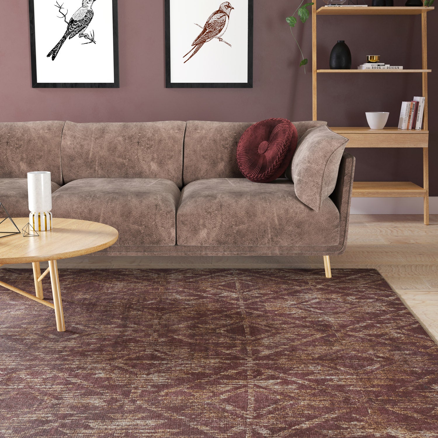 Washable Burgundy Diamond Rug - Avril