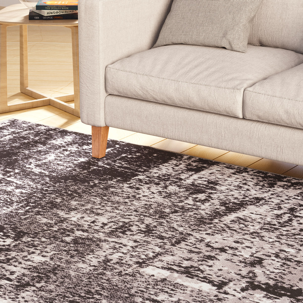 Washable Black Abstract Rug - Storm