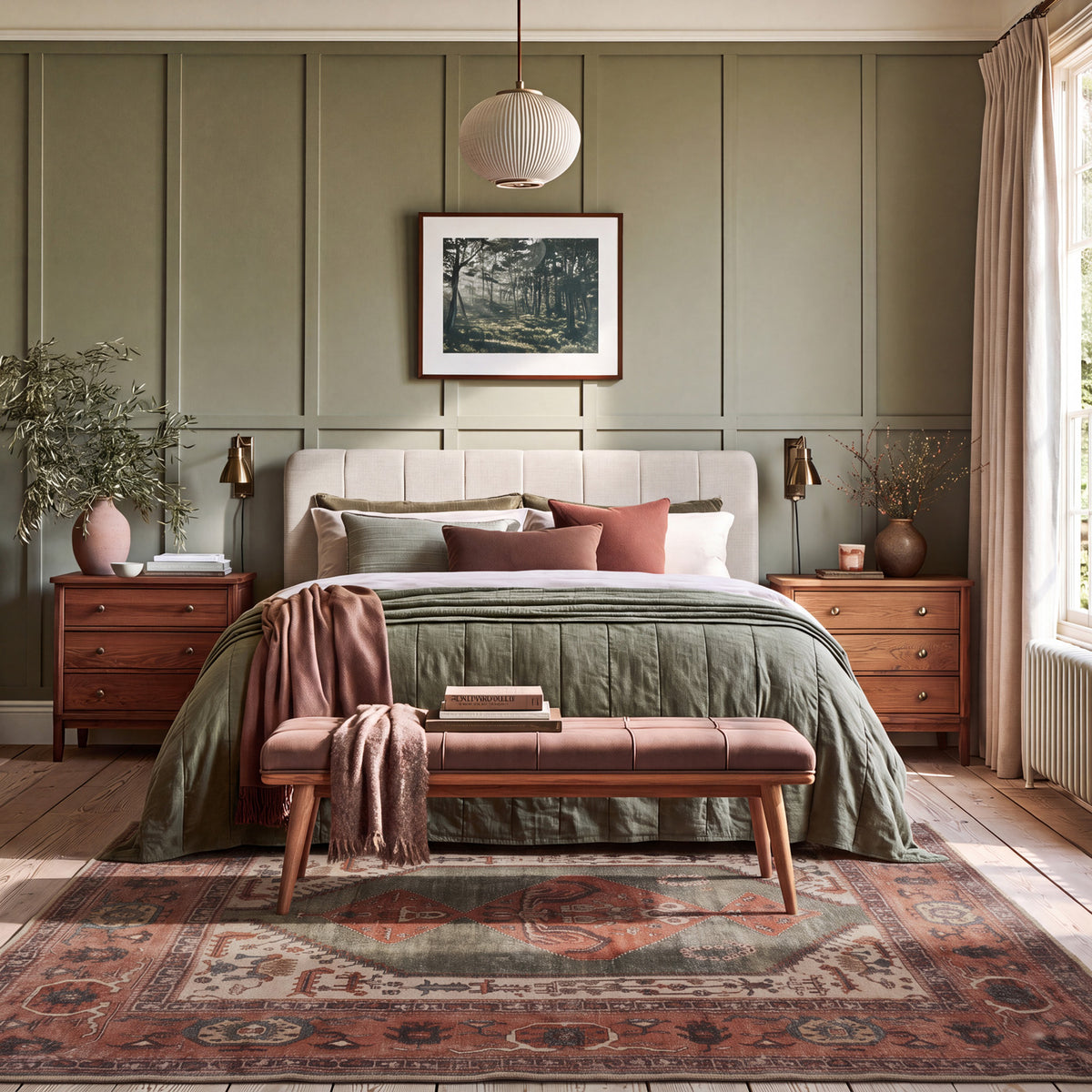 A styled bedroom interior with a bed dressed in muted sage green bedding and coordinated pillows, flanked by wooden nightstands and lamps. A matching upholstered bench sits at the foot of the bed, with a large patterned rug covering the floor.