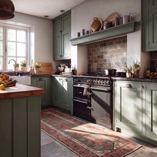 A rustic kitchen interior with sage green cabinets, a black freestanding stove, a tiled backsplash, and a patterned rug on the floor.