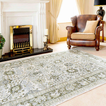 Vintage Traditional Green Floral Living Room Rug
