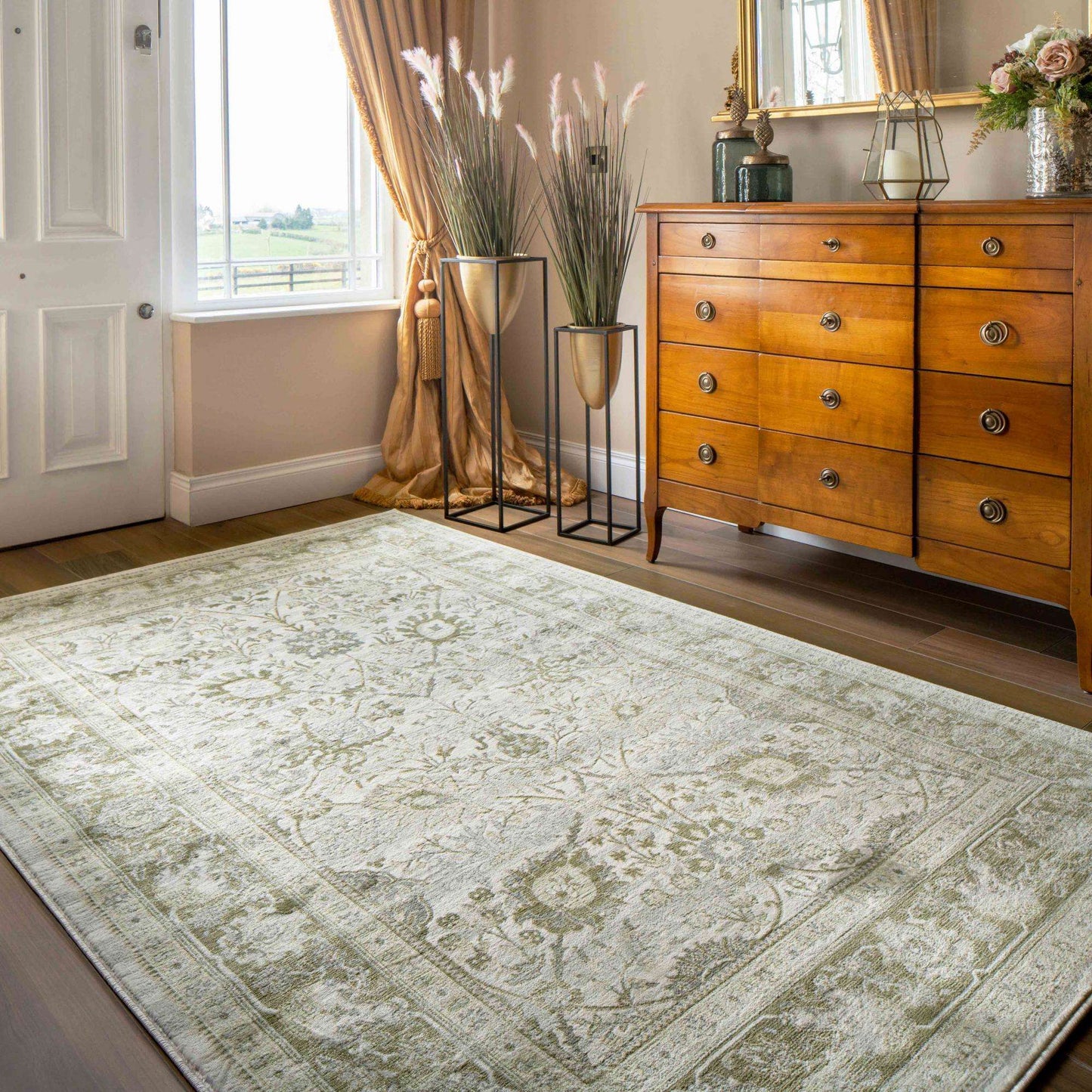Vintage Traditional Green Floral Living Room Rug | Living Room Rugs ...
