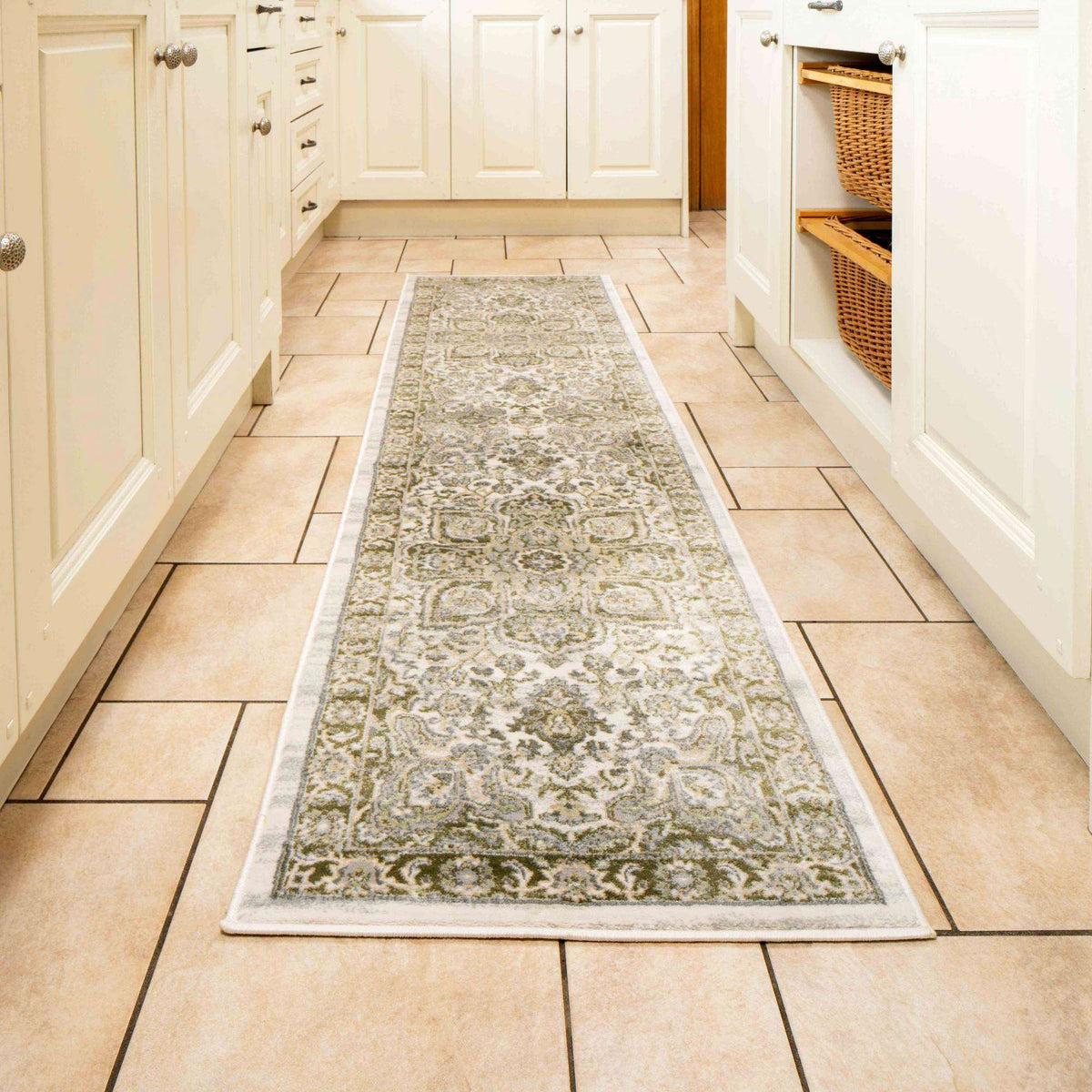 Oriental Bordered Green Floral Living Room Rug
