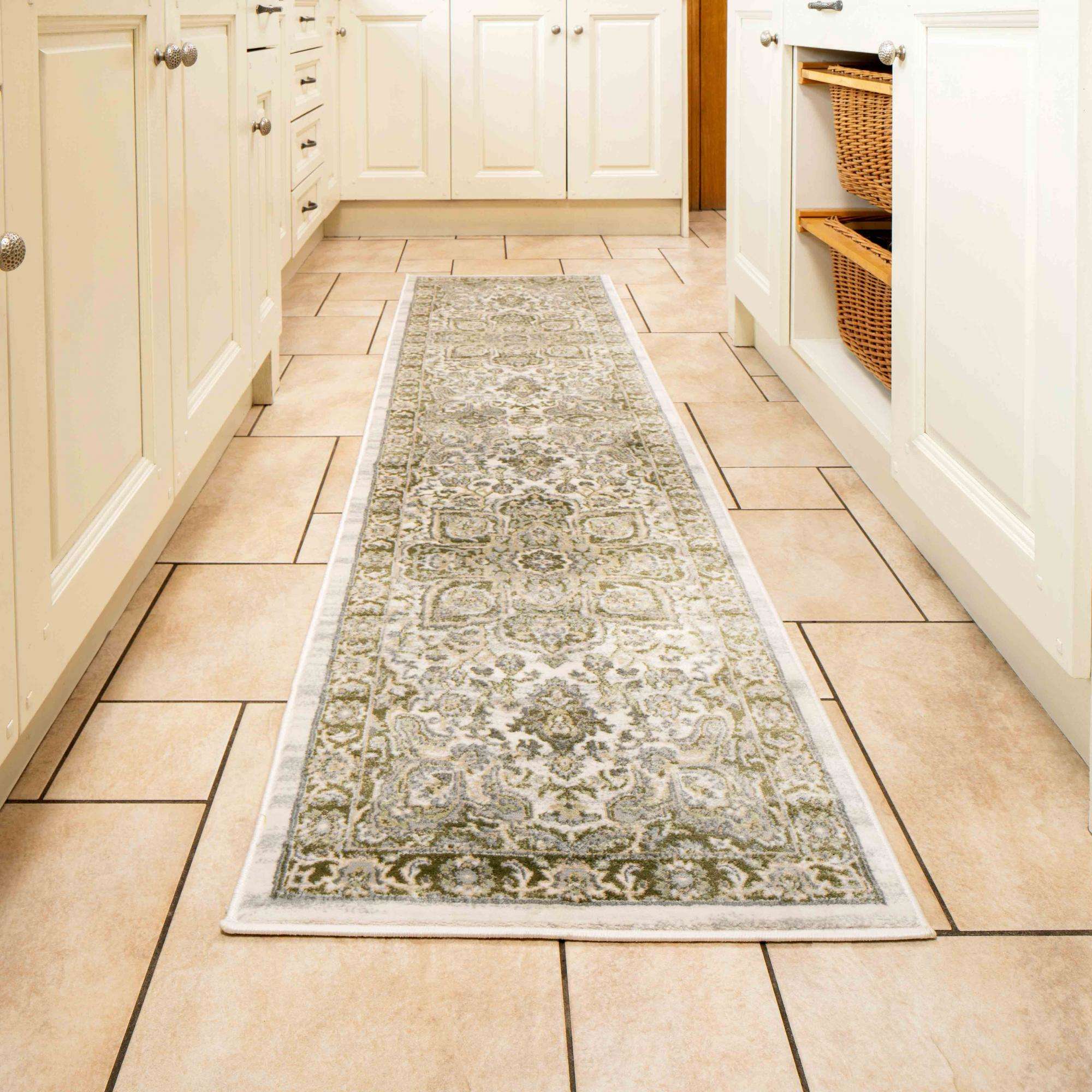 Oriental Bordered Green Floral Living Room Rug