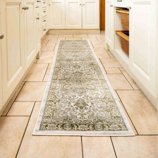 Oriental Bordered Green Floral Living Room Rug