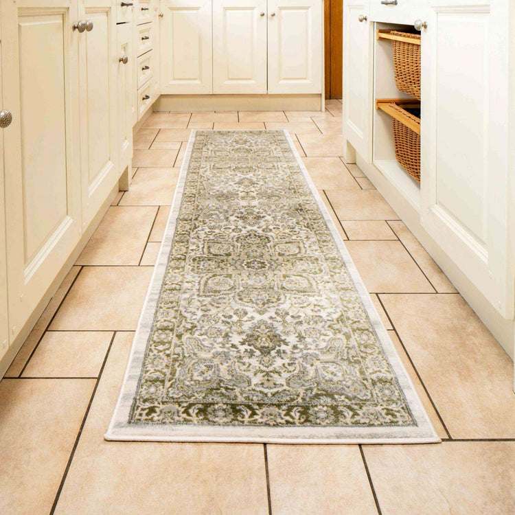 Oriental Bordered Green Floral Living Room Rug