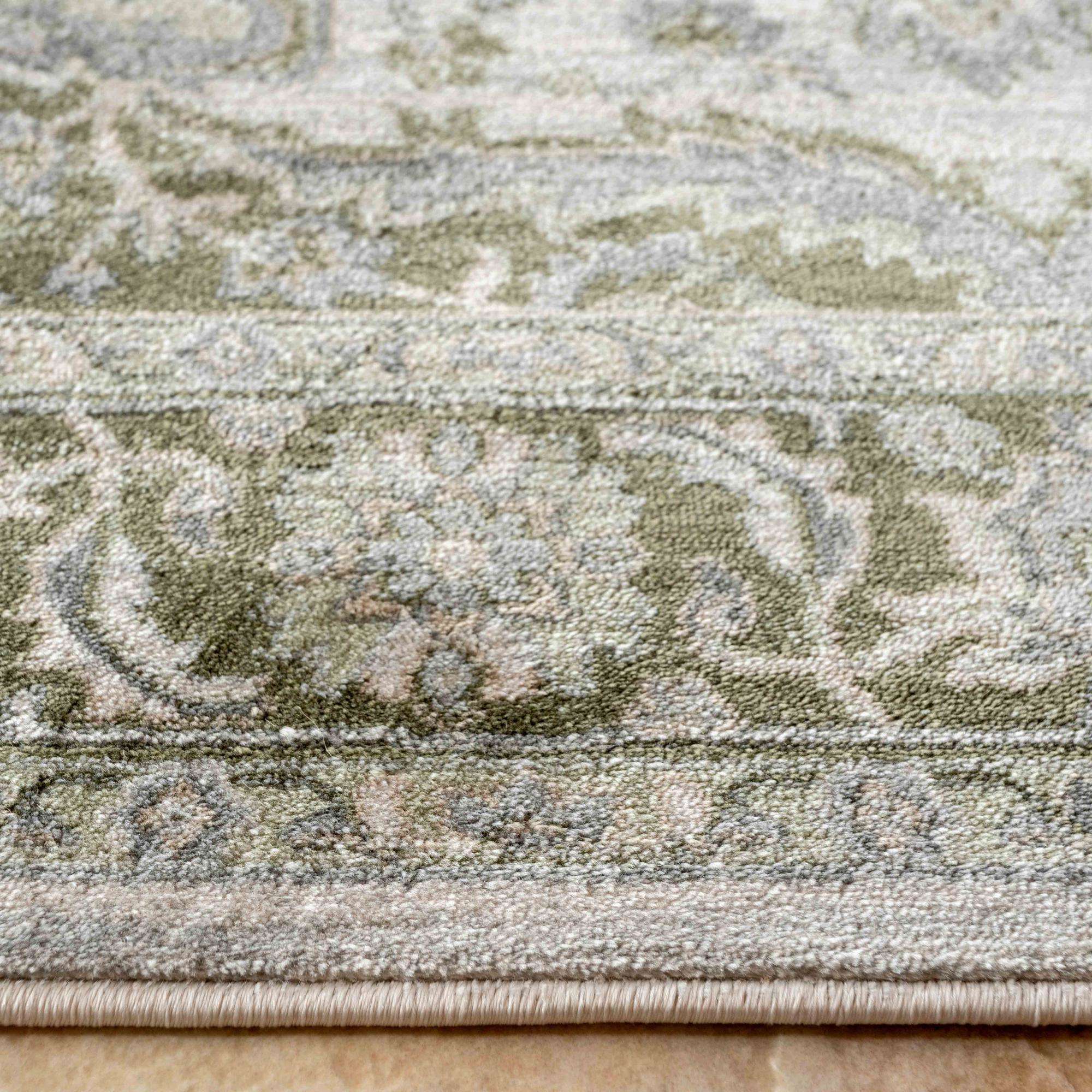 Oriental Bordered Green Floral Living Room Rug