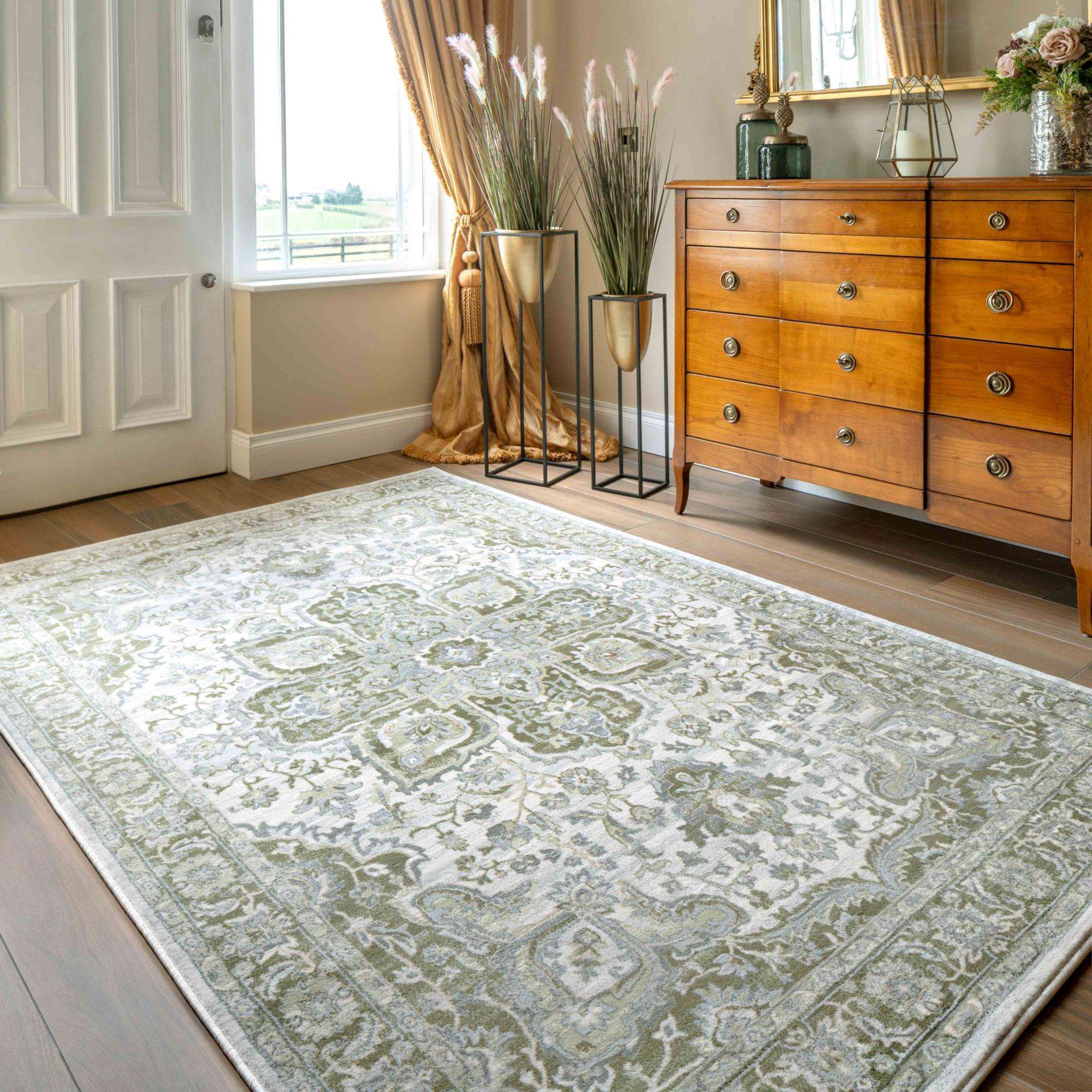 Oriental Bordered Green Floral Living Room Rug