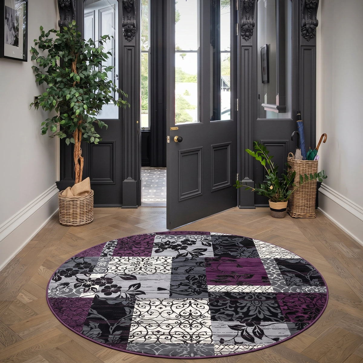 Purple Grey Modern Patchwork Bedroom Rugs