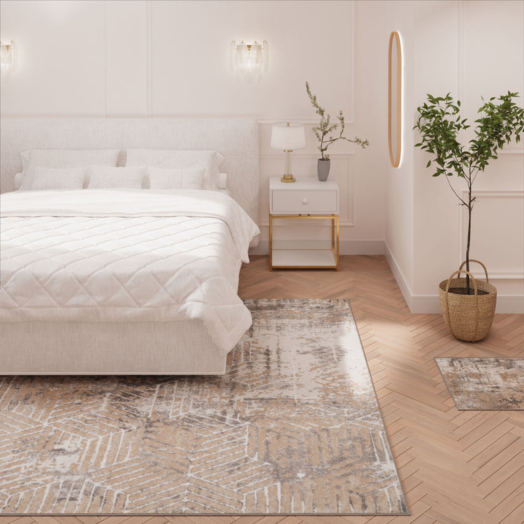 Distressed Beige Art Deco Area Rug