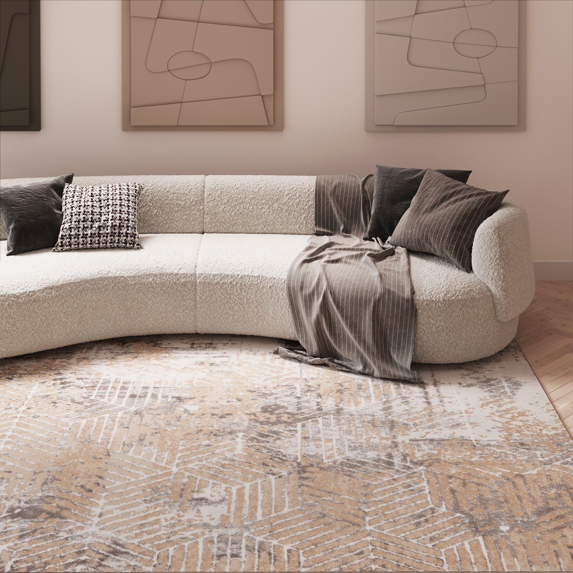 Distressed Beige Art Deco Area Rug - Busby | Living Room Rugs | Kukoon ...