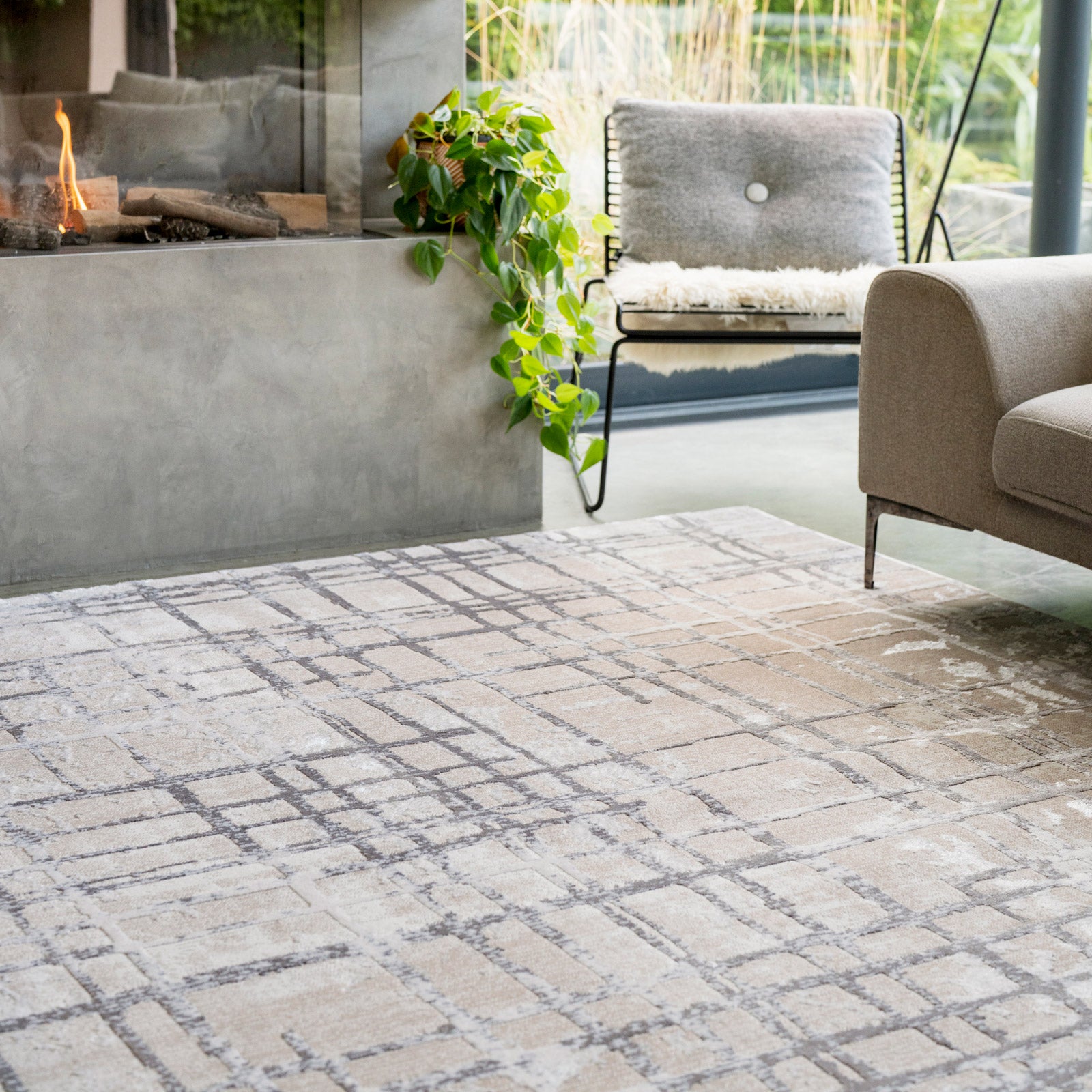 Distressed Linear Beige Silver Rug - Diora