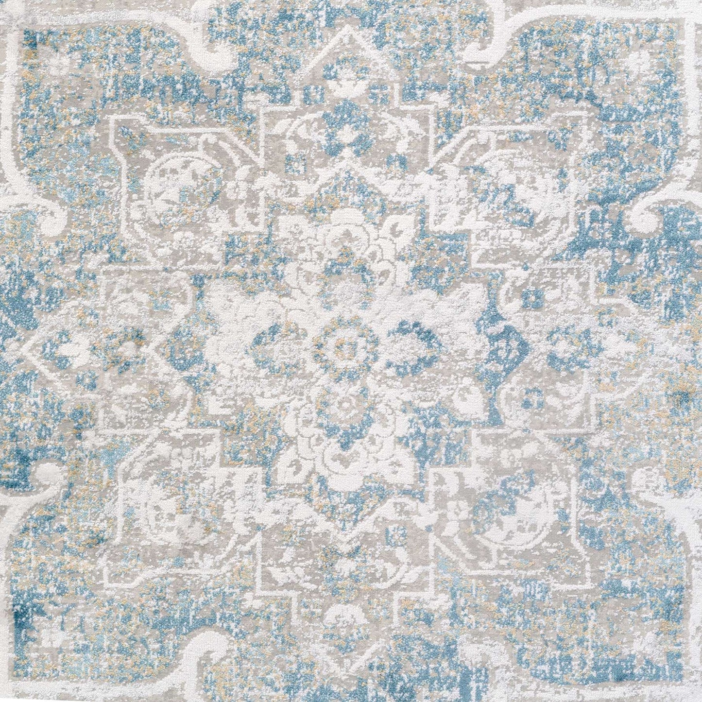 Traditional Blue Distressed Motif Living Room Rug