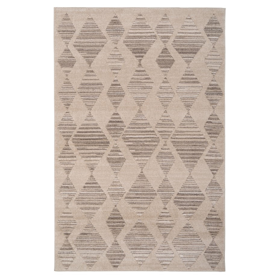 A rectangular area rug with a neutral beige and gray diamond pattern.