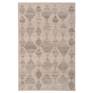 A rectangular area rug with a neutral beige and gray diamond pattern.