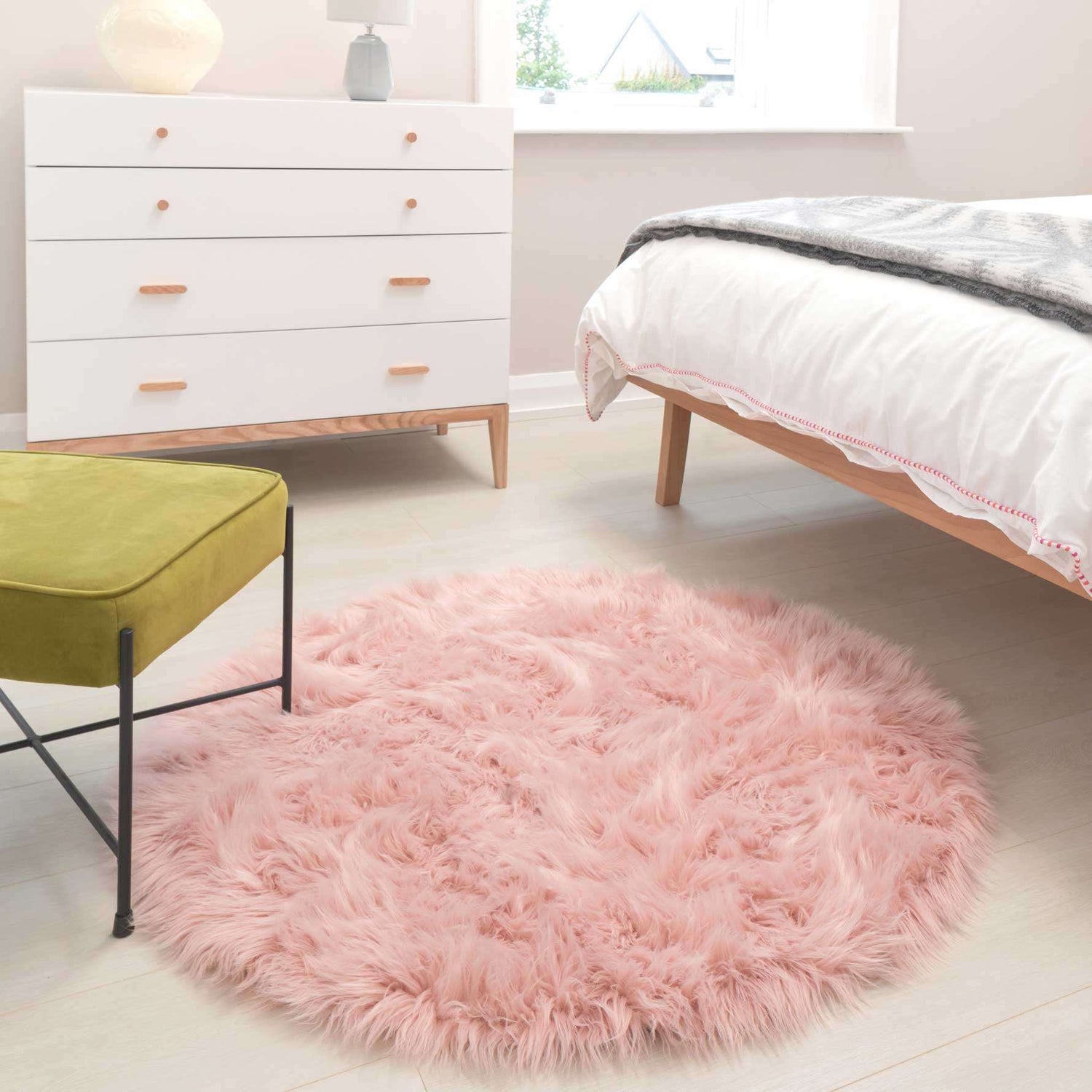 Blush Pink Nursery Faux Fur Sheepskin Round Rug