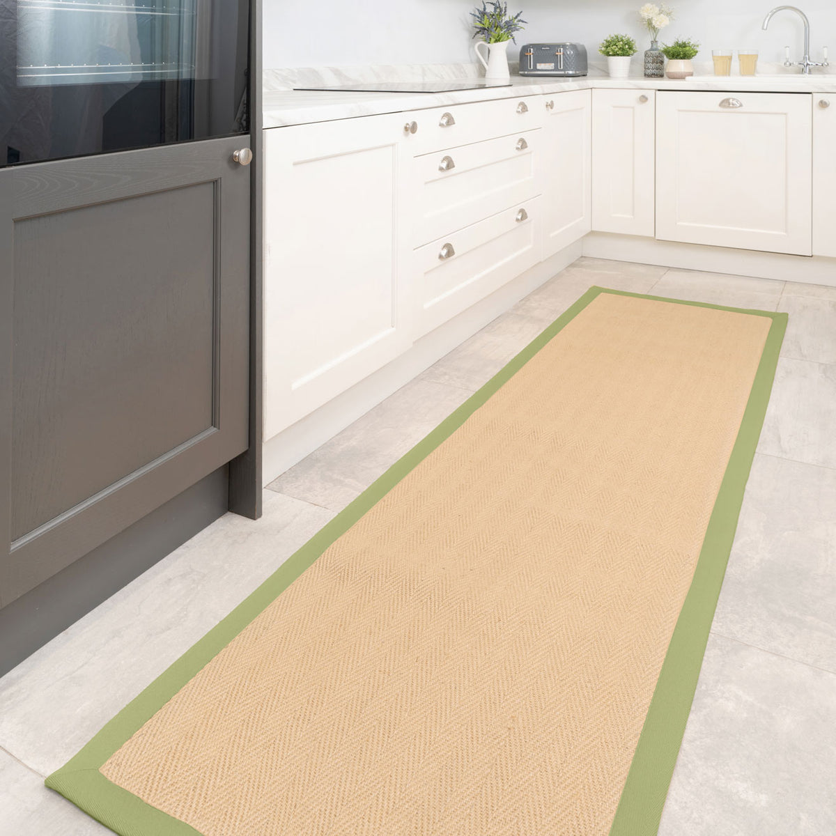Green Cotton Border Natural Jute Hallway Runner Rug