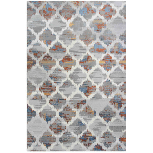 Soft Low Pile Blue Orange Grey Trellis Living Room Rug