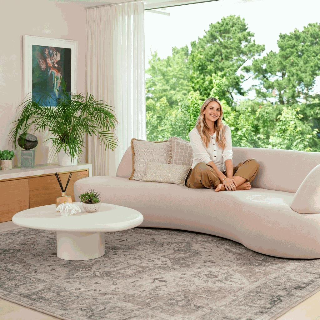 A woman sits cross-legged on a curved blush pink sofa in a bright, modern living room with large windows, green trees outside, a white coffee table, and a gray patterned rug.