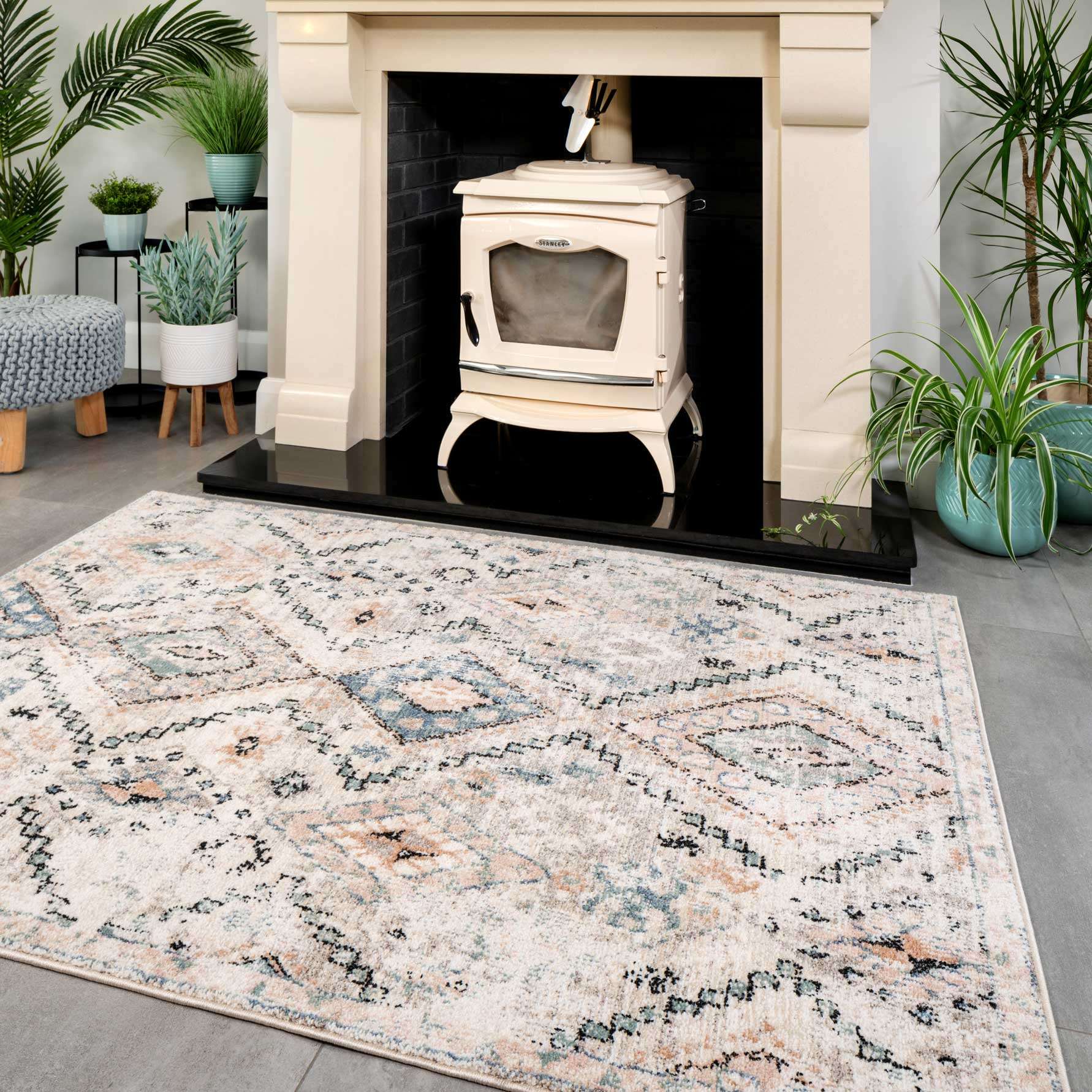 Soft Natural Blue Aztec Area Rug