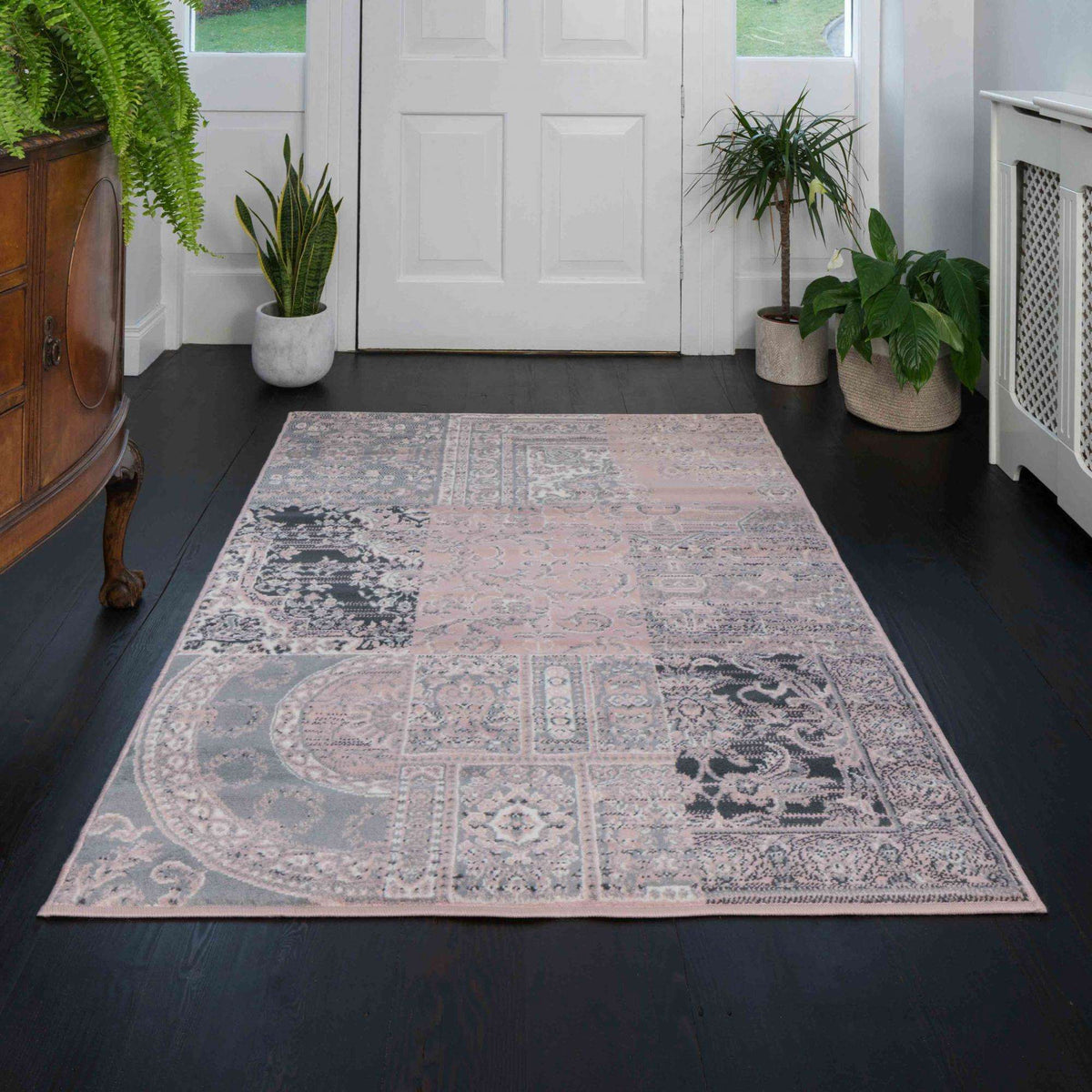 Pink Grey Traditional Patchwork Living Room Rug