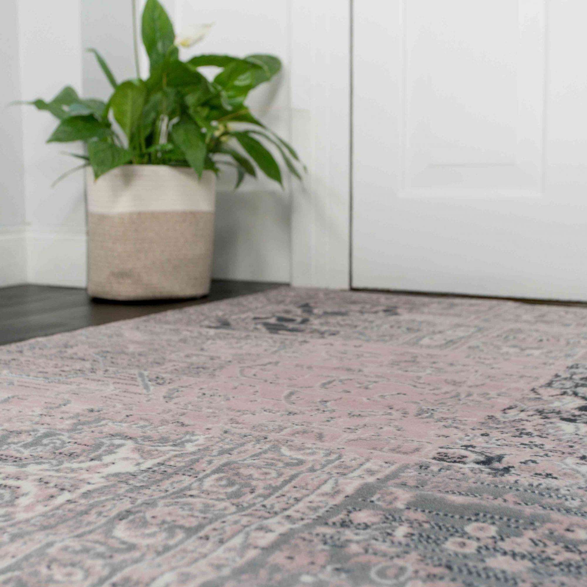 Pink Grey Traditional Patchwork Living Room Rug