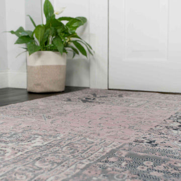 Pink Grey Traditional Patchwork Living Room Rug