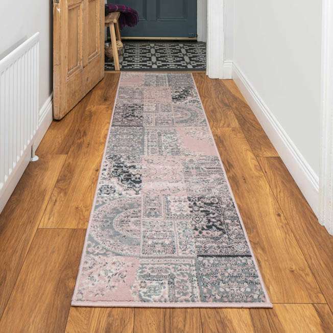 Pink Grey Traditional Patchwork Living Room Rug