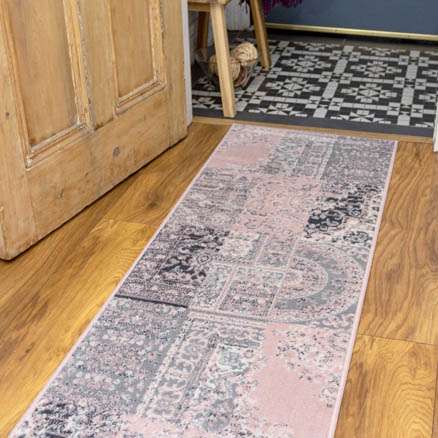 Pink Grey Traditional Patchwork Living Room Rug