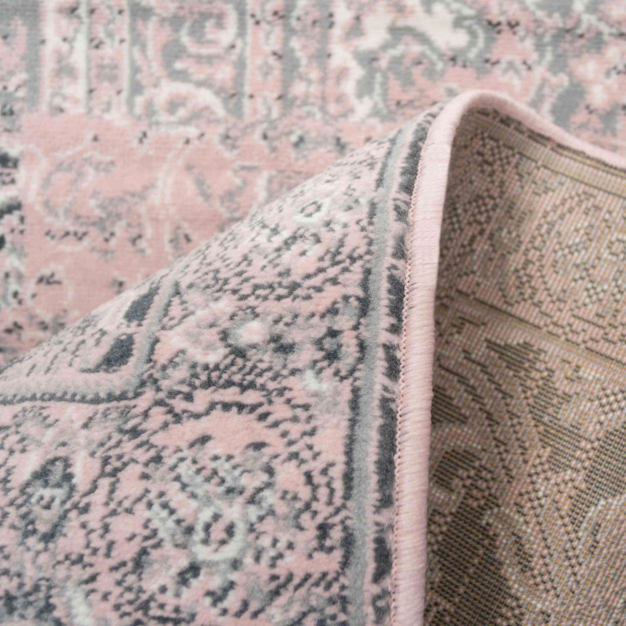 Pink Grey Traditional Patchwork Living Room Rug