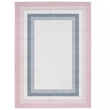 Pink Grey Bordered Framed Living Room Rug