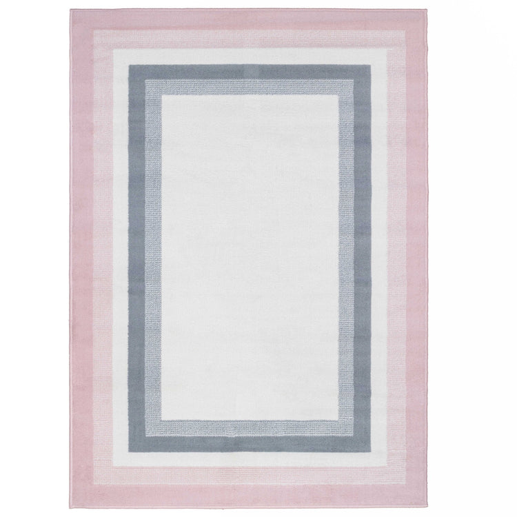 Pink Grey Bordered Framed Living Room Rug