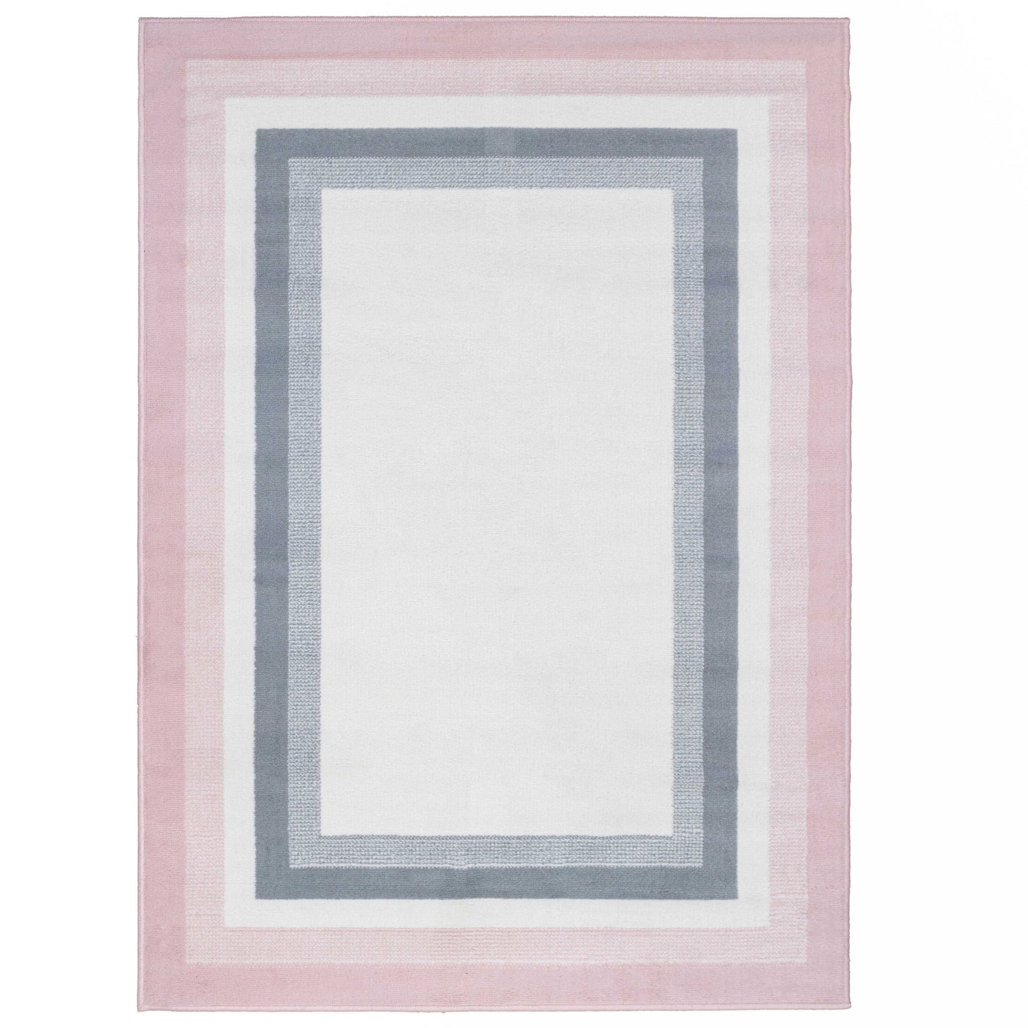 Pink Grey Bordered Framed Living Room Rug