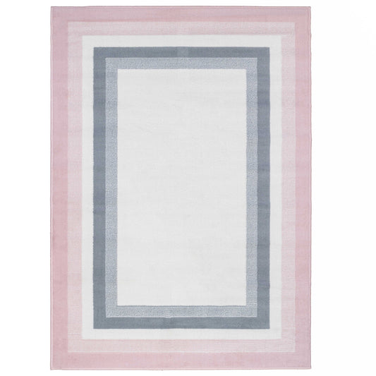 Pink Grey Bordered Framed Living Room Rug